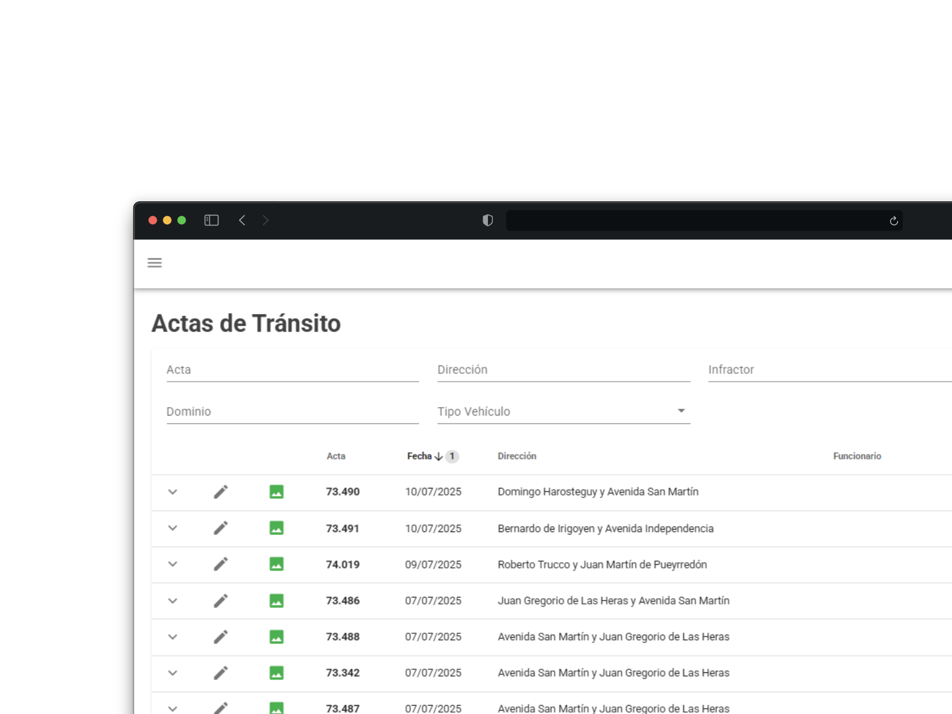 Listado de actas de tránsito digitales.